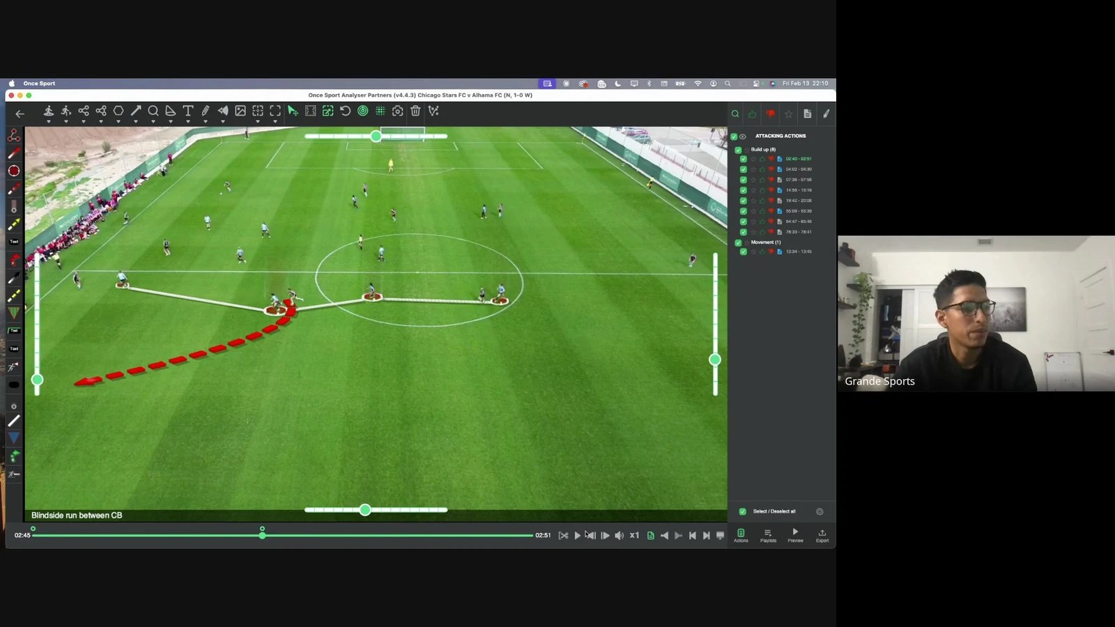 Miguelangel Grande reviewing annotated match footage during a personal tactical analysis call