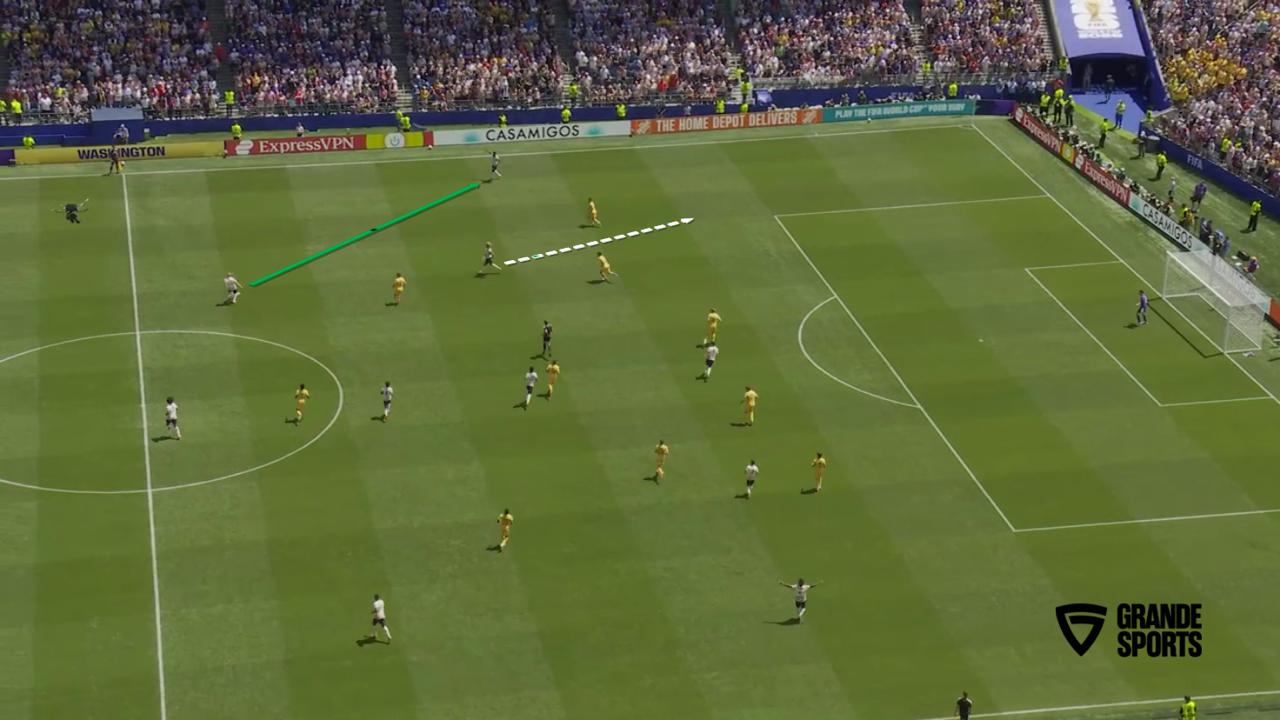 Tactical-camera match view showing a forward pass and the run beyond the defense