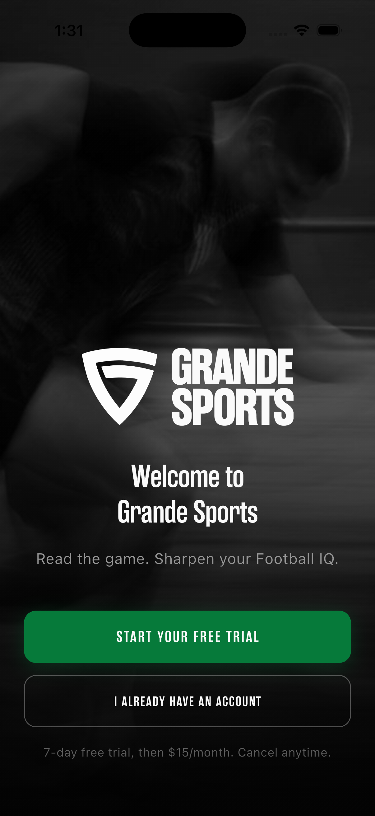 Actual Grande Sports mobile app welcome screen